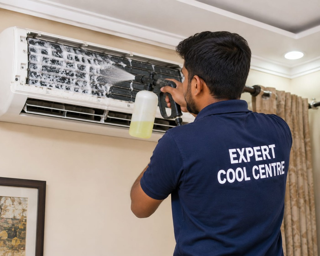 Technician cleaning AC unit