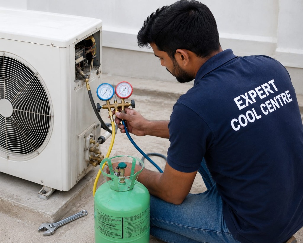 Technician checking AC compressor